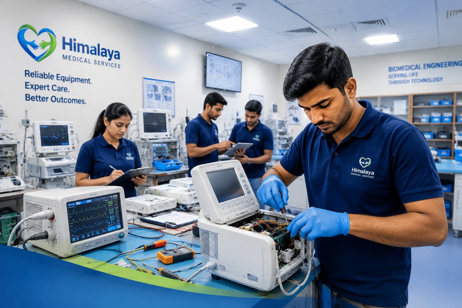 Biomedical engineer supporting hospital equipment